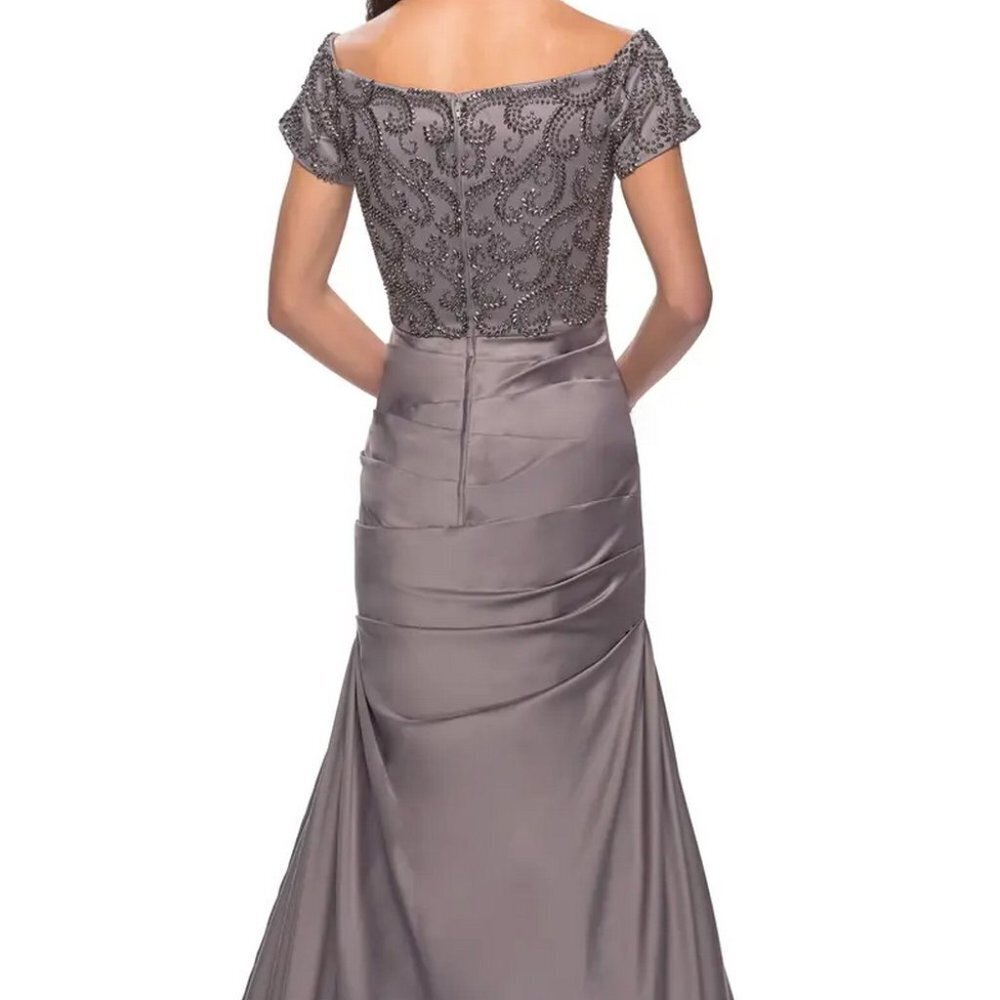 La Femme Silver Off the Shoulder Beaded Satin Trumpet Gown